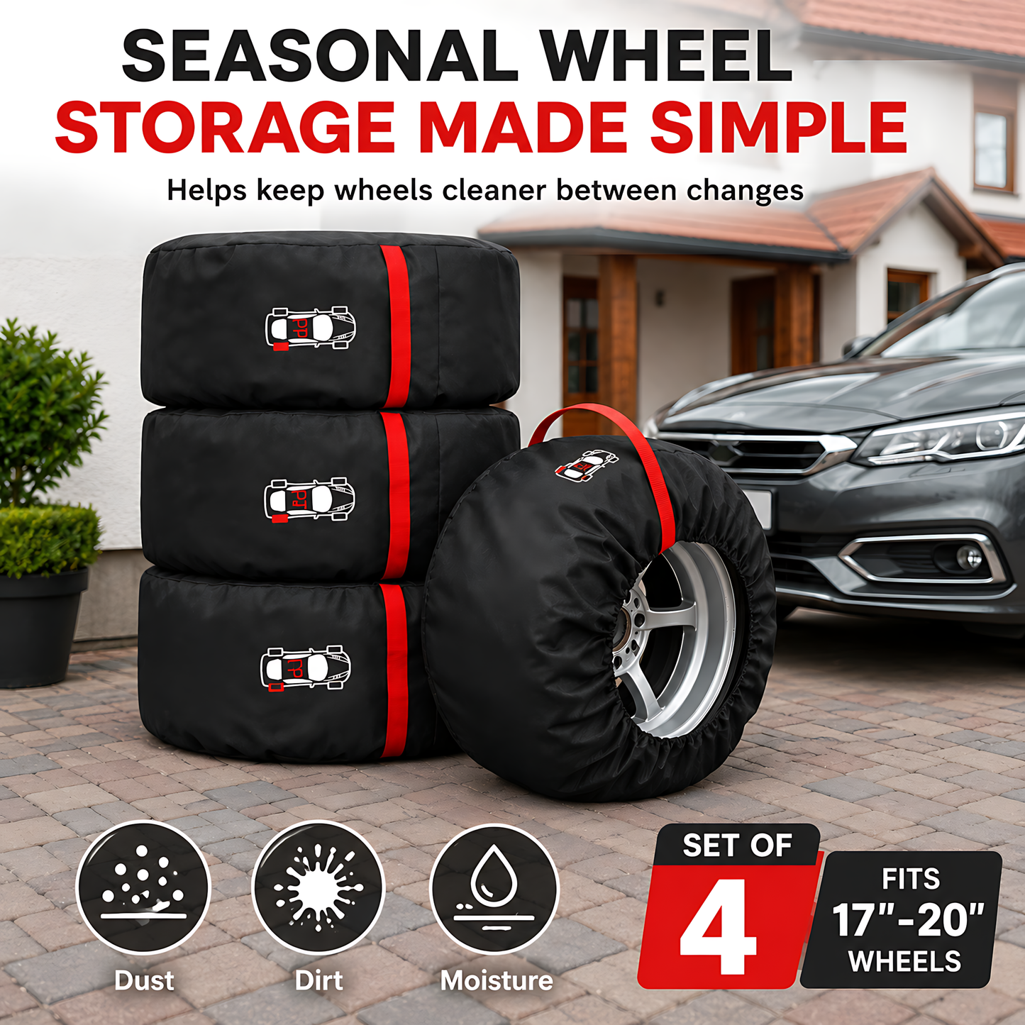 Wheel and Tyre Storage Bags 17-20 Inch - Set of 4 PP Covers with Labels and Carry Straps - Max 75cm - for Alloy and Steel Rims
