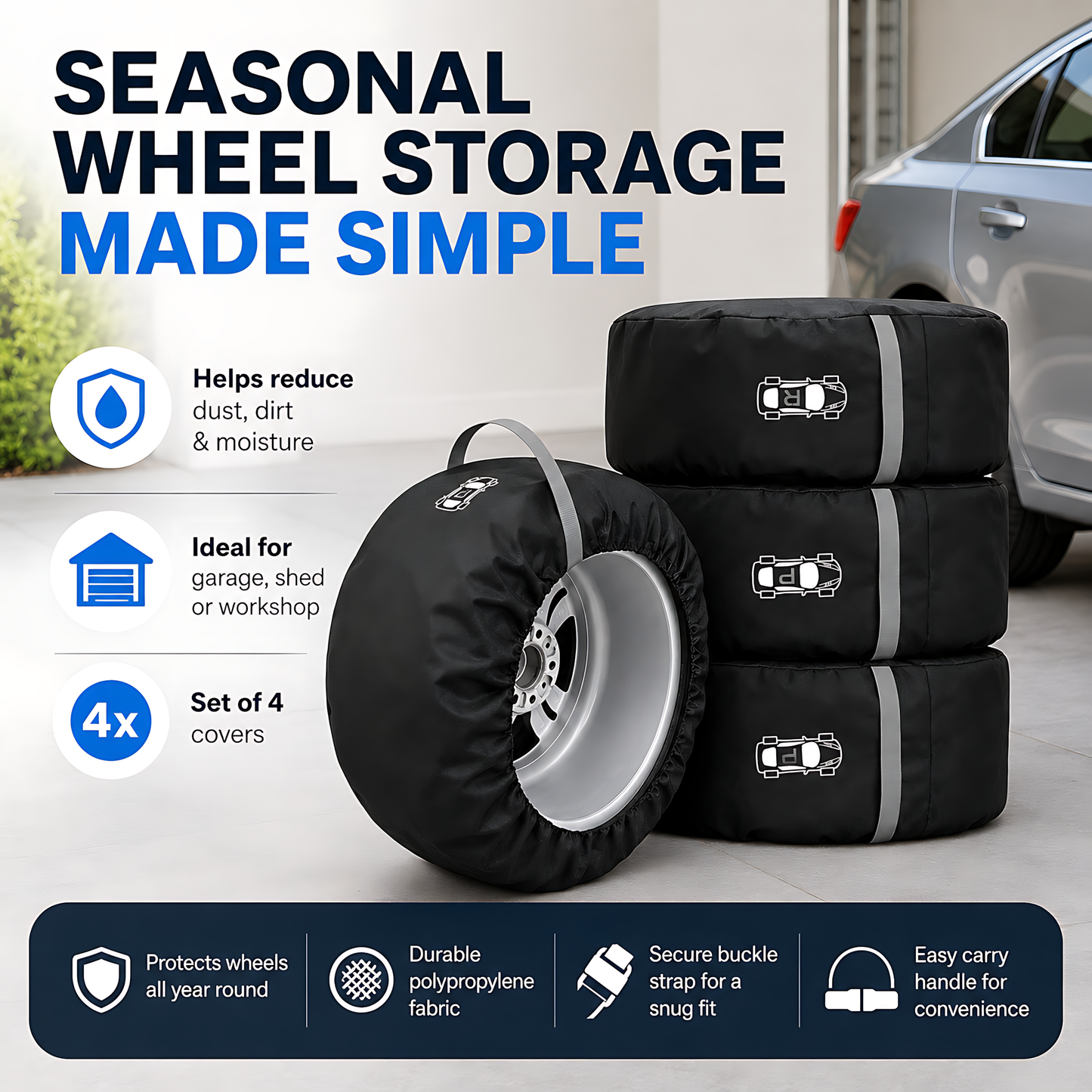 Wheel and Tyre Storage Bags 20-23 Inch - Set of 4 PP Covers with Labels and Carry Straps - Max 85cm - for Alloy and Steel Rims