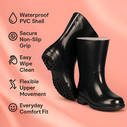 Black PVC Ladies Wellington Boots - Waterproof Rain Boots for Women - Comfortable Easy-Clean Design & Non-Slip Sole (8 UK / 41 EU)