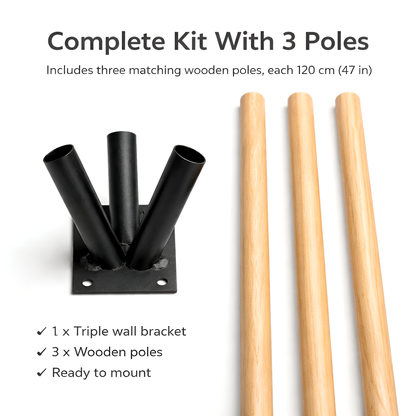 Triple Flag Pole Bracket Wall Mount with 3 x 120 cm - 47 Inch Wooden Poles - Black Powder Coated Steel 3 Tube Holder