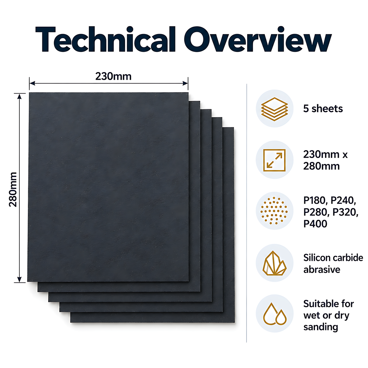 Wet and Dry Sandpaper 5 Sheets 230mm x 280mm P180 P240 P280 P320 P400 Waterproof Silicon Carbide for Car Bodywork