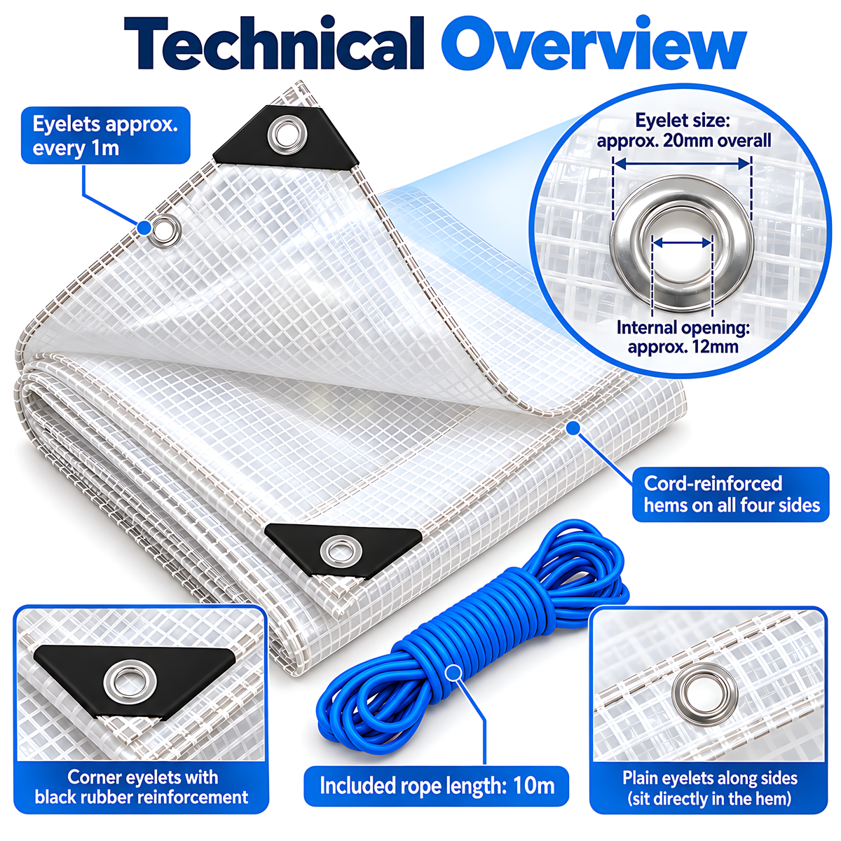 Clear Leno Tarpaulin 2m x 3m 100 GSM Waterproof, 10m Blue Bungee Rope, Light Transmitting, UV Resistant, Eyelets, Rubber Corners