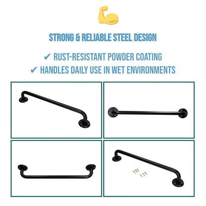 2 x Bathroom Grab Bar for Elderly, Disabled, Seniors - 400 mm Black Safety Handrail & Fixings - Powder Coated Steel Support Handle
