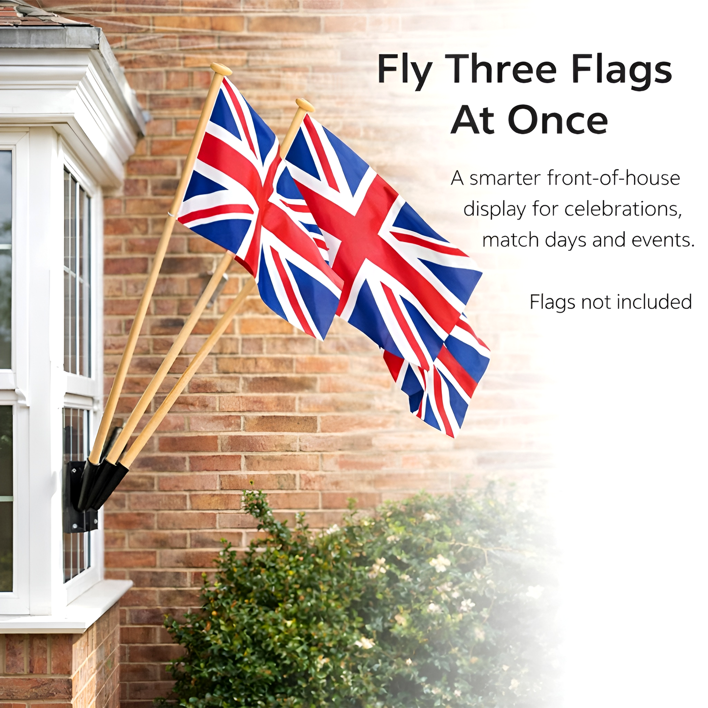 Triple Flag Pole Bracket Wall Mount with 3 x 120 cm - 47 Inch Wooden Poles - Black Powder Coated Steel 3 Tube Holder