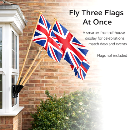 Triple Flag Pole Bracket Wall Mount with 3 x 120 cm - 47 Inch Wooden Poles - Black Powder Coated Steel 3 Tube Holder