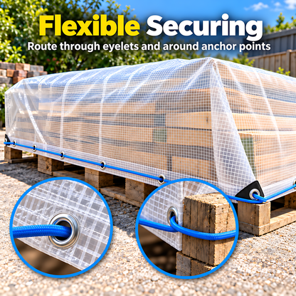 Clear Leno Tarpaulin 4m x 5m 100 GSM Waterproof, 10m Blue Bungee Rope, Light Transmitting, UV Resistant, Eyelets, Rubber Corners