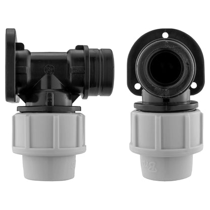 20mm MDPE Wall Flange Kit - Wall Plate Elbow with 1/2" Brass Garden Tap & Barb Hose Fitting - Easy to Install Water Hose Connector