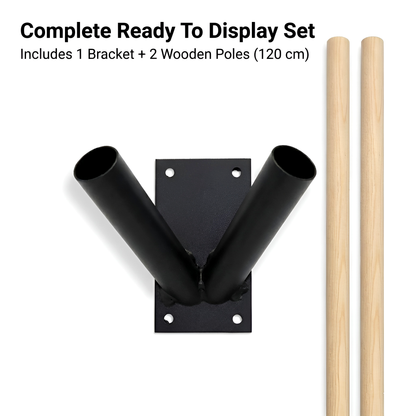 Double Flag Pole Bracket Wall Mount Outdoor with 2 x 120 cm - 47 Inch Wooden Poles - Black Powder Coated Steel Twin Flag Holder