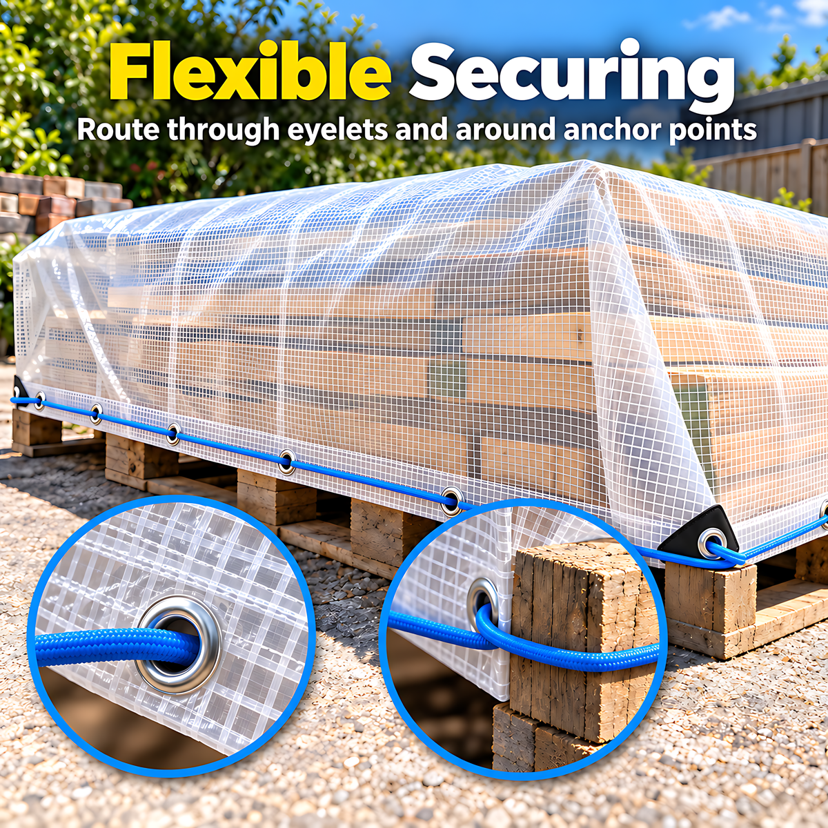 Clear Leno Tarpaulin 3m x 5m 100 GSM Waterproof, 10m Blue Bungee Rope, Light Transmitting, UV Resistant, Eyelets, Rubber Corners