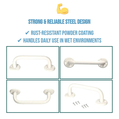 Bathroom Grab Bar for Elderly, Disabled, Seniors - 200 mm White Safety Handrail with Fixings - Powder Coated Steel Support Handle