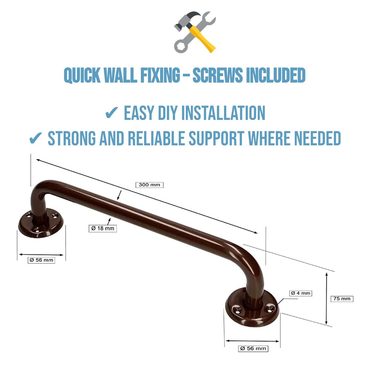 Bathroom Grab Bar for Elderly, Disabled, Seniors - 300 mm Brown Safety Handrail with Fixings - Powder Coated Steel Support Handle