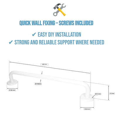 Bathroom Grab Bar for Elderly, Disabled, Seniors - 400 mm White Safety Handrail with Fixings - Powder Coated Steel Support Handle