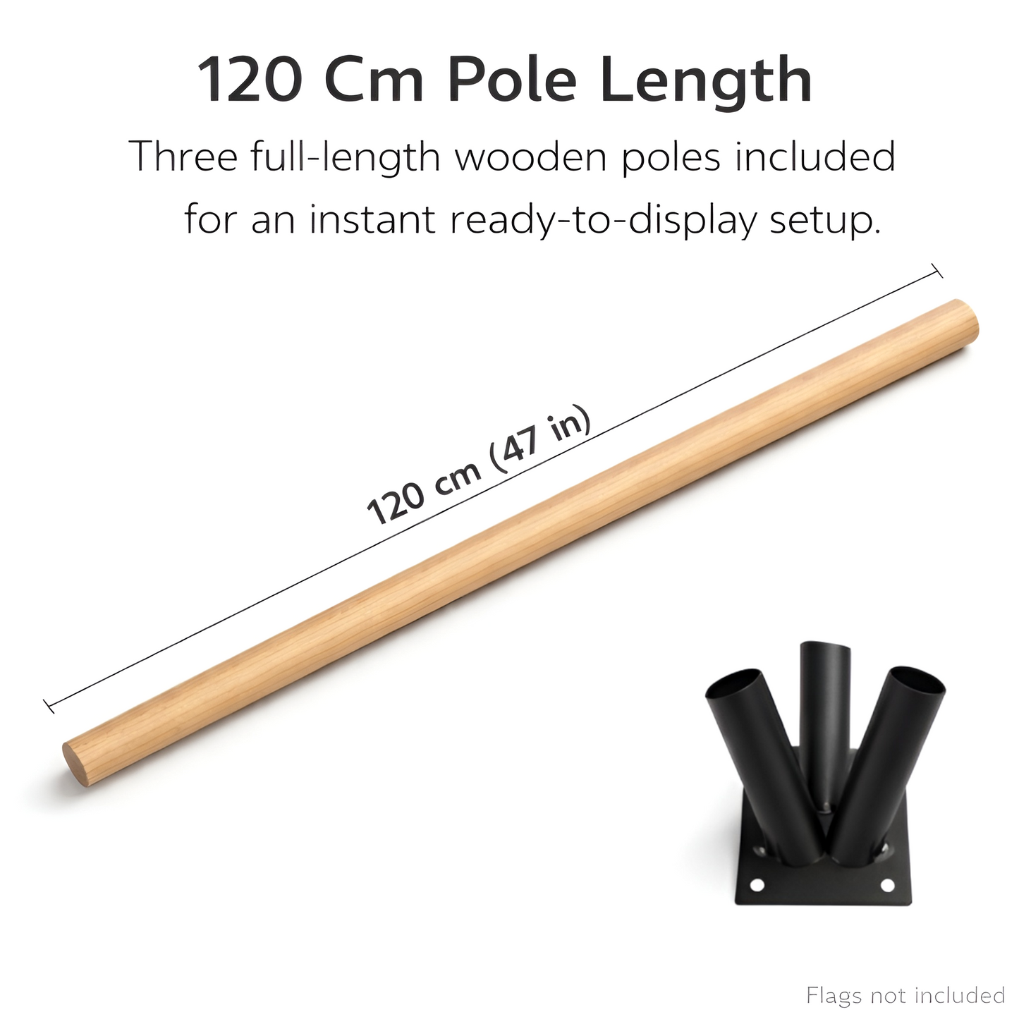 Triple Flag Pole Bracket Wall Mount with 3 x 120 cm - 47 Inch Wooden Poles - Black Powder Coated Steel 3 Tube Holder