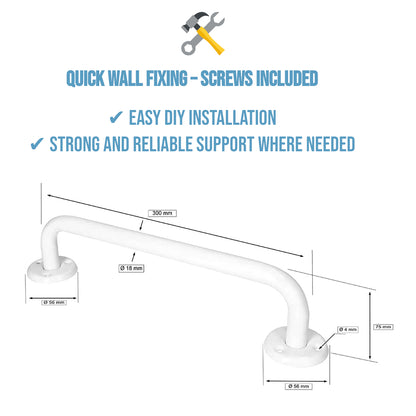 Bathroom Grab Bar for Elderly, Disabled, Seniors - 300 mm White Safety Handrail with Fixings - Powder Coated Steel Support Handle