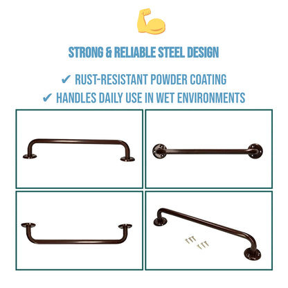 Bathroom Grab Bar for Elderly, Disabled, Seniors - 400 mm Brown Safety Handrail with Fixings - Powder Coated Steel Support Handle