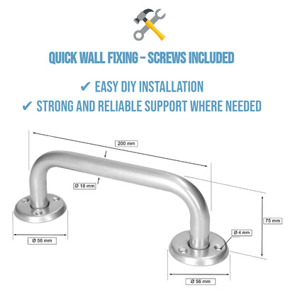 2 x Bathroom Grab Bar for Elderly, Disabled, Seniors - 200mm Silver Safety Handrail & Fixings - Powder Coated Steel Support Handle