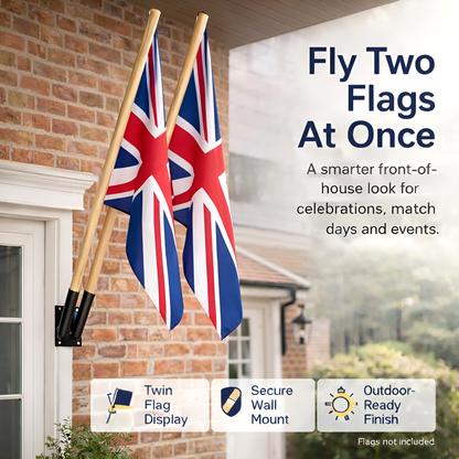 Double Flag Pole Bracket Wall Mount Outdoor with 2 x 120 cm - 47 Inch Wooden Poles - Black Powder Coated Steel Twin Flag Holder