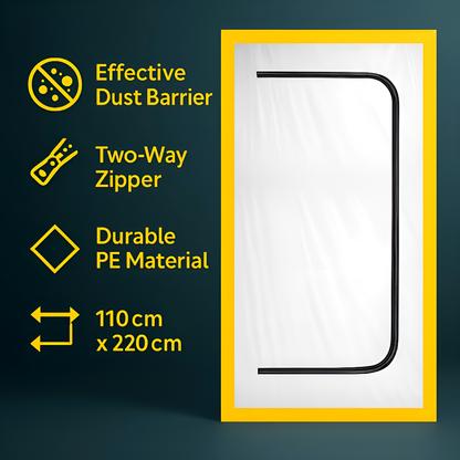 Dust Door with Zip 110 x 220 cm - Renovation Dust-Barrier Curtain for Doorways - Double-Sided Zipper - Tape Mount - Trim to Fit