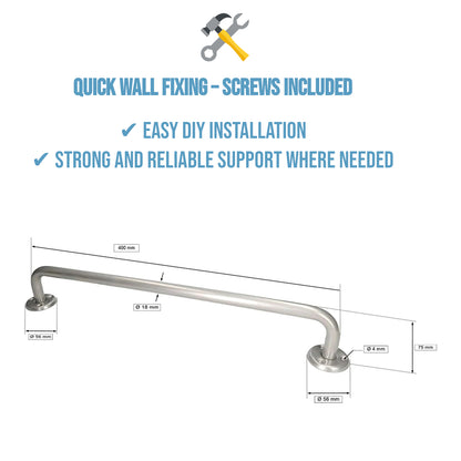 2 x Bathroom Grab Bar for Elderly, Disabled, Seniors - 400mm Silver Safety Handrail & Fixings - Powder Coated Steel Support Handle