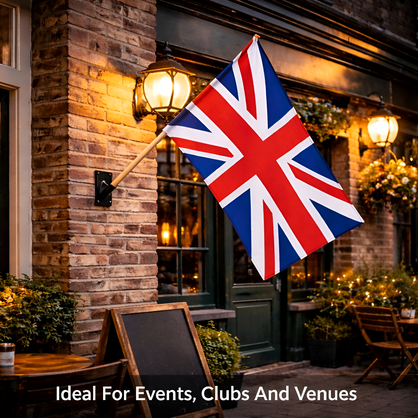 Wall Mounted Flag Pole Bracket with 120cm / 47" Wooden Pole - Black Powder Coated Heavy-Duty Steel Single Flag Holder