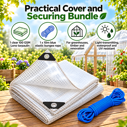 Clear Leno Tarpaulin 6m x 8m 100 GSM Waterproof, 10m Blue Bungee Rope, Light Transmitting, UV Resistant, Eyelets, Rubber Corners