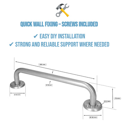 Bathroom Grab Bar for Elderly, Disabled, Seniors - 300 mm Silver Safety Handrail with Fixings - Powder Coated Steel Support Handle