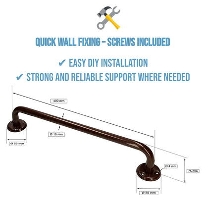 Bathroom Grab Bar for Elderly, Disabled, Seniors - 400 mm Brown Safety Handrail with Fixings - Powder Coated Steel Support Handle
