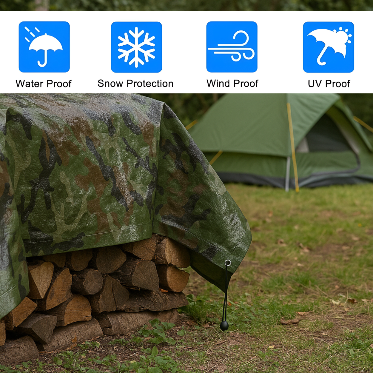 6 x 10 m Tarpaulin Cover - Camo 85GSM - Waterproof, Frost-Resistant, UV Protection, Multipurpose, Groundsheet