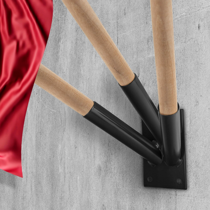 Triple Flag Pole Bracket Wall Mount with 3 x 120 cm - 47 Inch Wooden Poles - Black Powder Coated Steel 3 Tube Holder