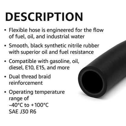 Fuel and Oil Hose 6.0 mm x 1 m SAE J30 R6 - Flexible Nitrile Rubber Petrol Diesel Oil and Water Pipe - Reinforced Fuel Line
