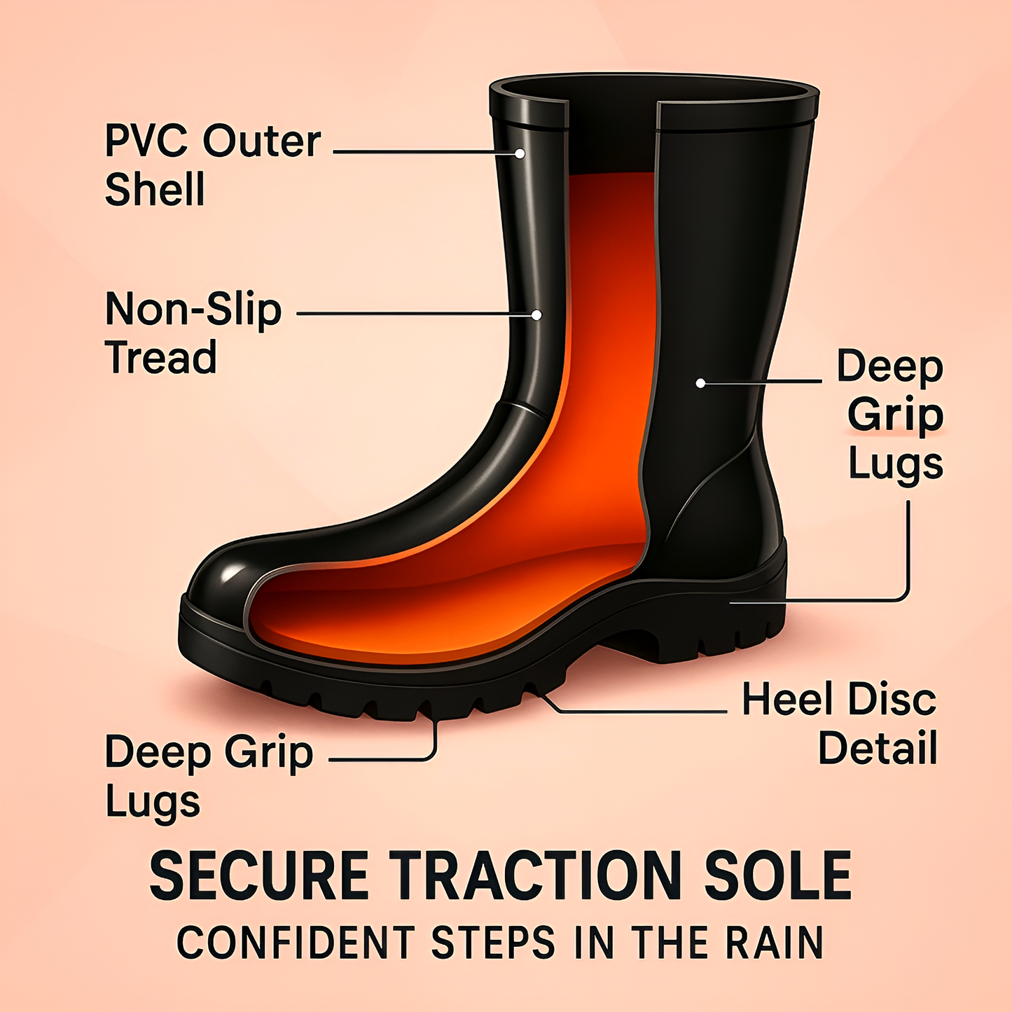Black PVC Ladies Wellington Boots - Waterproof Rain Boots for Women - Comfortable Easy-Clean Design & Non-Slip Sole (8 UK / 41 EU)