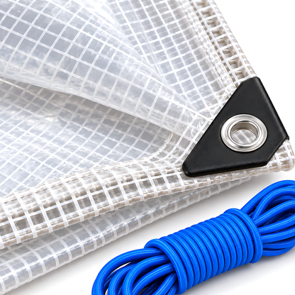 Clear Leno Tarpaulin 4m x 5m 100 GSM Waterproof, 10m Blue Bungee Rope, Light Transmitting, UV Resistant, Eyelets, Rubber Corners