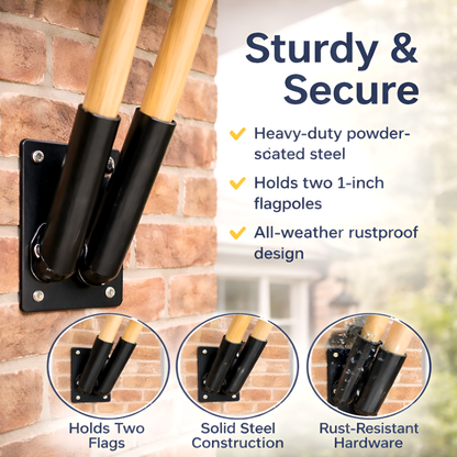 Double Flag Pole Bracket Wall Mount Outdoor with 2 x 120 cm - 47 Inch Wooden Poles - Black Powder Coated Steel Twin Flag Holder