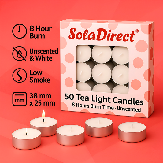8 Hour Tealights Pack of 50 - Long Burn White Unscented Smokeless Tea Light Candles 38mm x 25mm - Party Decor - Clean-Burning Wax