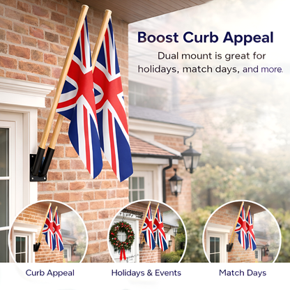 Double Flag Pole Bracket Wall Mount Outdoor with 2 x 120 cm - 47 Inch Wooden Poles - Black Powder Coated Steel Twin Flag Holder
