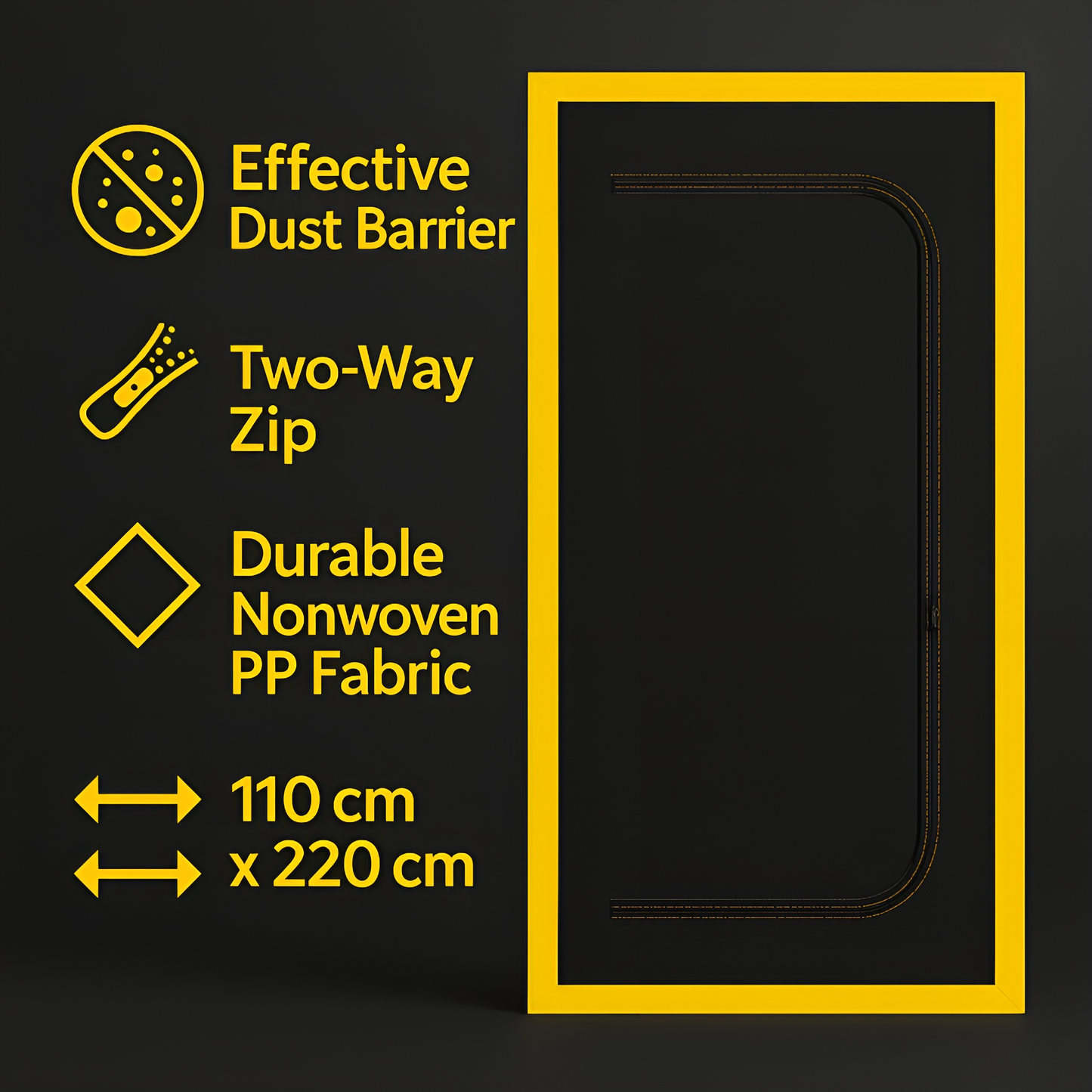 2 x Dust Door with Zip 110 x 220 cm - Dust-Barrier Doorway Curtain - Double-Sided Zip - Tape-Mount - Trim to Fit - Reusable Fabric