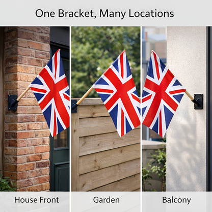 Wall Mounted Flag Pole Bracket with 120cm / 47" Wooden Pole - Black Powder Coated Heavy-Duty Steel Single Flag Holder