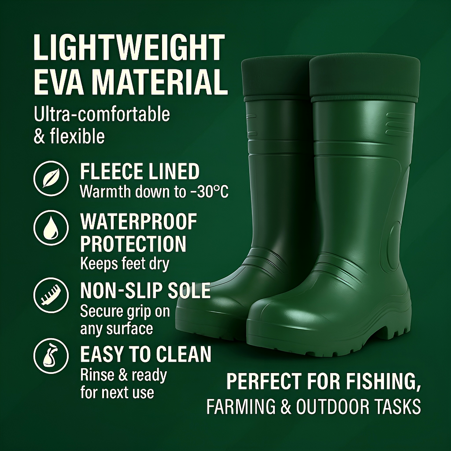 Green Mens Thermal Waterproof Wellington Boots - Lightweight EVA Fleece Lined Insulated Wellies - Warm Fishing (11 UK / 46 EU)