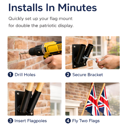 Double Flag Pole Bracket Wall Mount Outdoor with 2 x 120 cm - 47 Inch Wooden Poles - Black Powder Coated Steel Twin Flag Holder