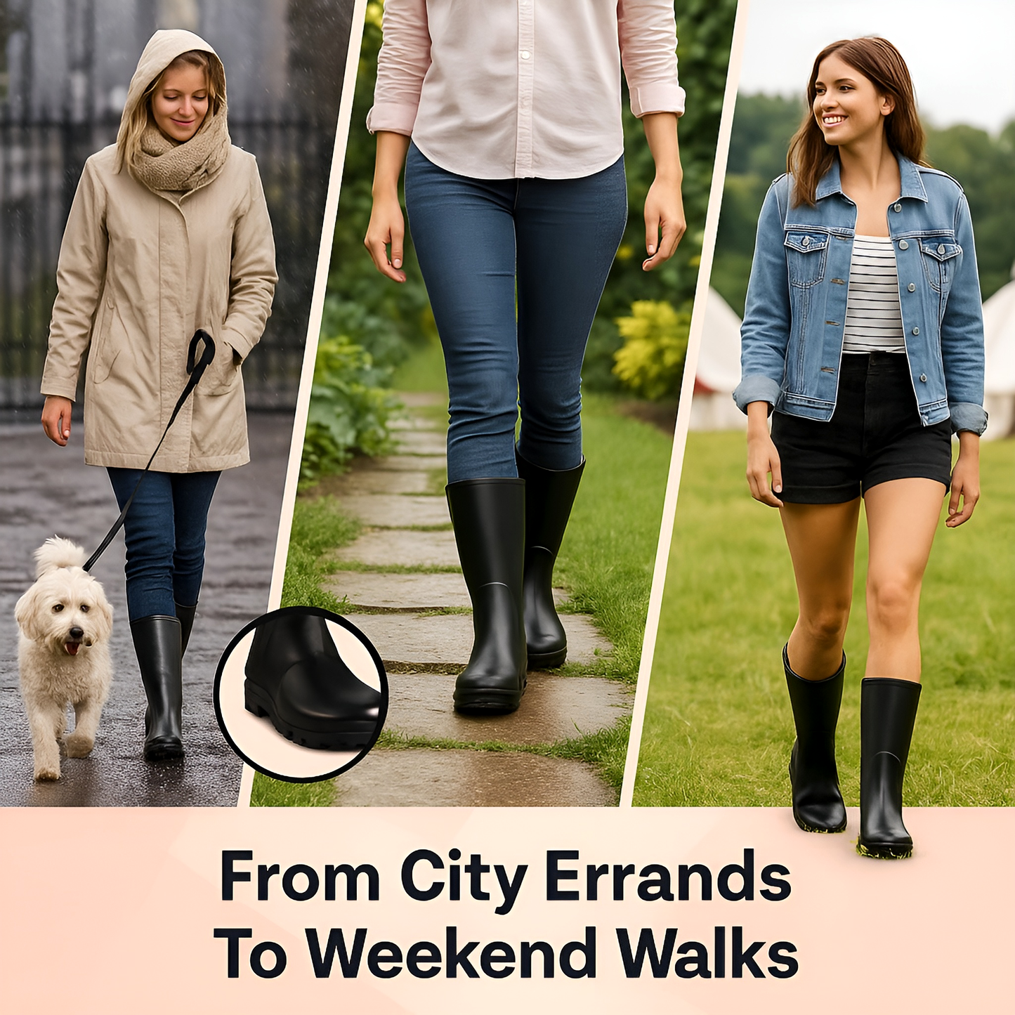 Black PVC Ladies Wellington Boots - Waterproof Rain Boots for Women - Comfortable Easy-Clean Design & Non-Slip Sole (8 UK / 41 EU)