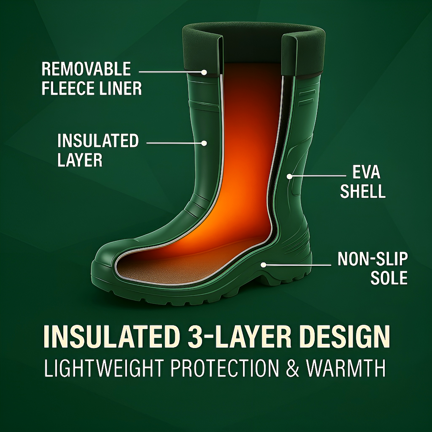 Green Mens Thermal Waterproof Wellington Boots - Lightweight EVA Fleece Lined Insulated Wellies - Warm Fishing (11 UK / 46 EU)