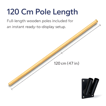 Double Flag Pole Bracket Wall Mount Outdoor with 2 x 120 cm - 47 Inch Wooden Poles - Black Powder Coated Steel Twin Flag Holder