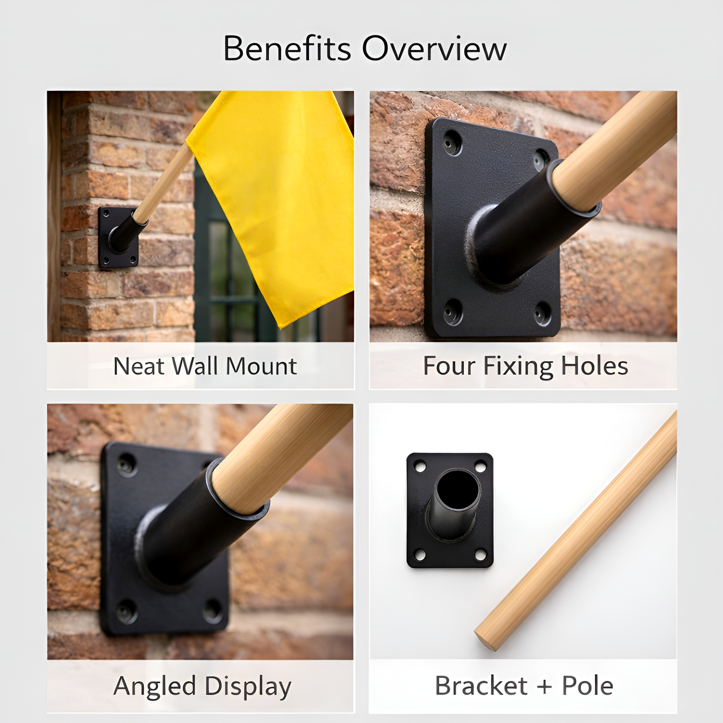 Wall Mounted Flag Pole Bracket with 120cm / 47" Wooden Pole - Black Powder Coated Heavy-Duty Steel Single Flag Holder