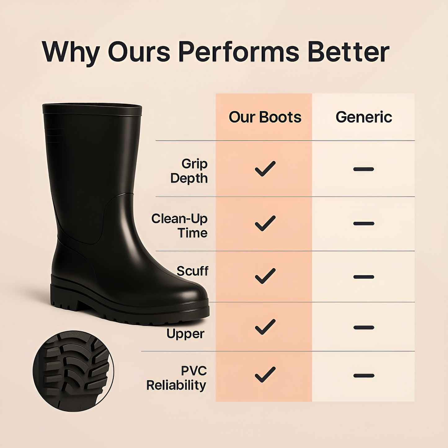 Black PVC Ladies Wellington Boots - Waterproof Rain Boots for Women - Comfortable Easy-Clean Design & Non-Slip Sole (8 UK / 41 EU)