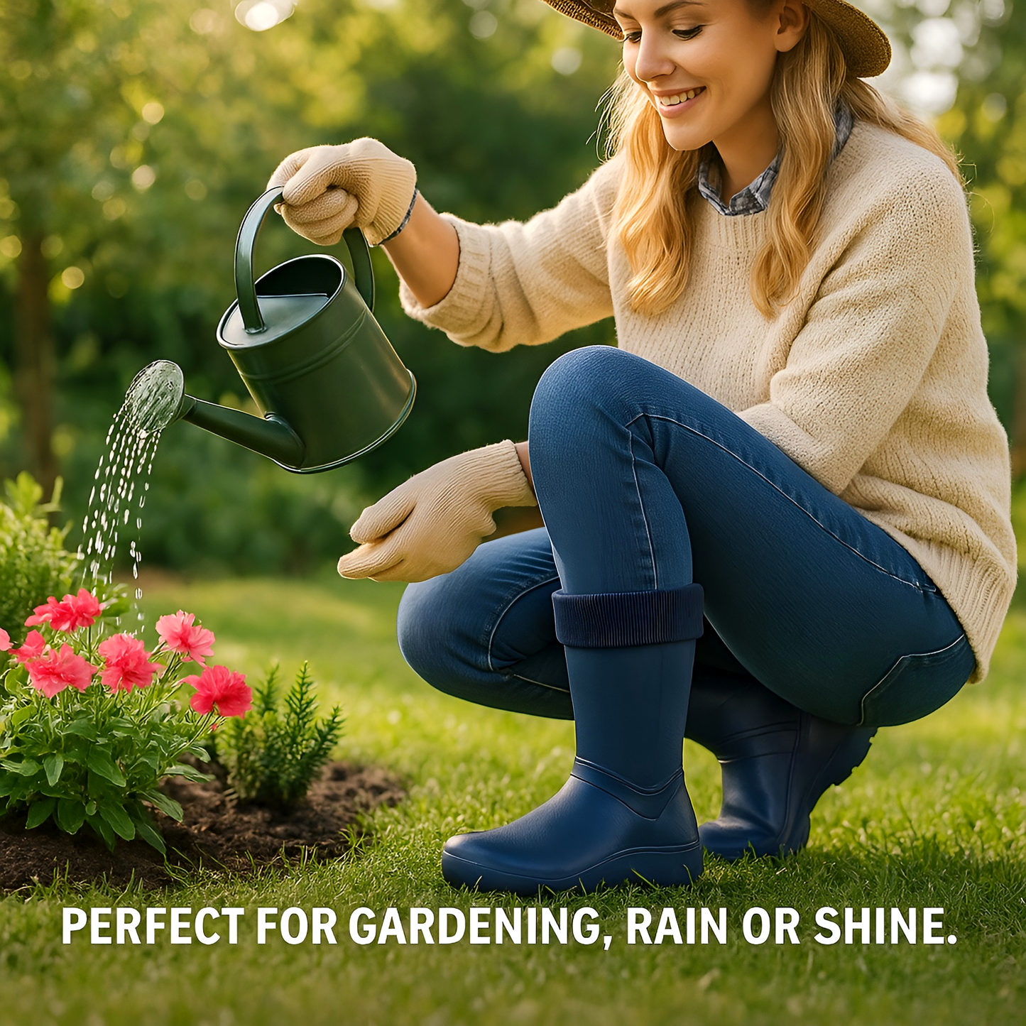 Navy Womens Lightweight EVA Wellington Boots with Warm Fleece Liner - Waterproof Ladies Wellies for Gardening (3 UK / 36 EU)