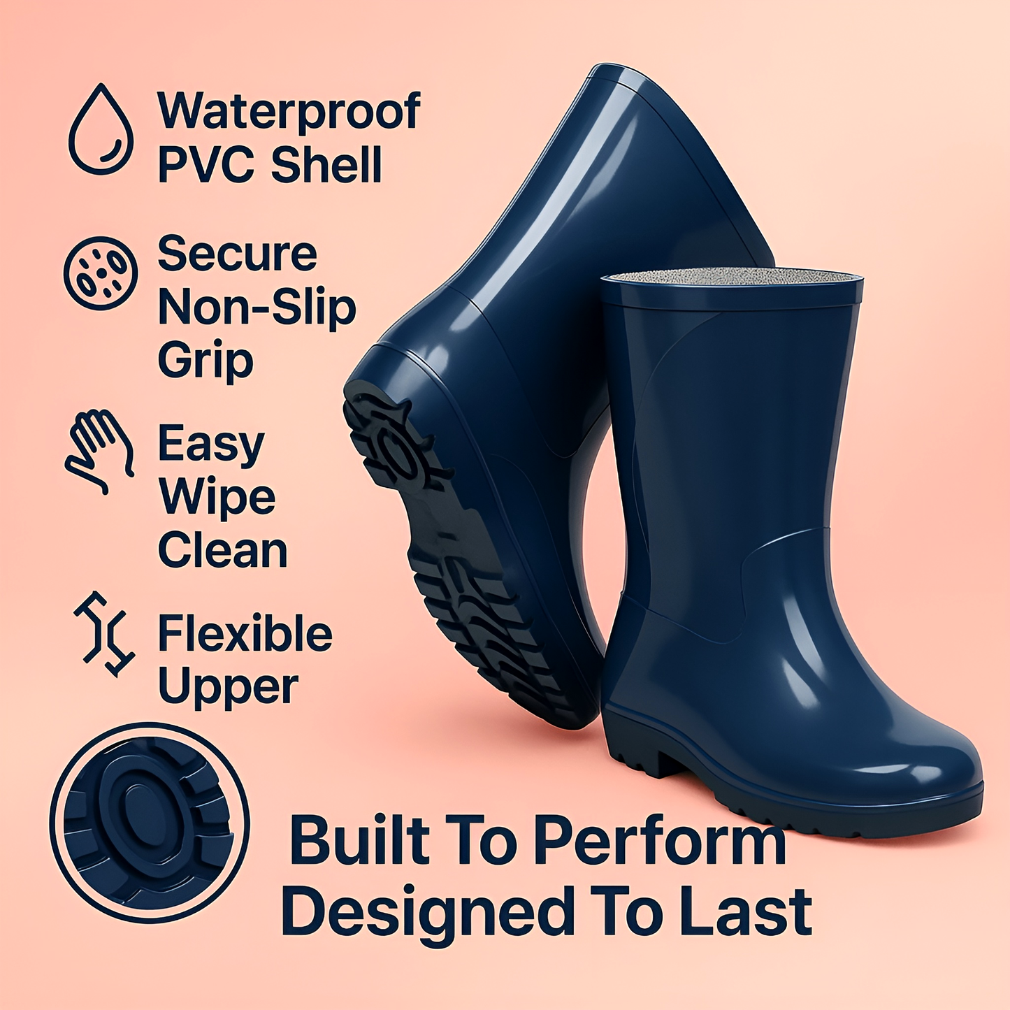 Navy PVC Ladies Wellington Boots - Waterproof Rain Boots for Women - Comfortable Easy-Clean Design & Non-Slip Sole (7 UK / 40 EU)