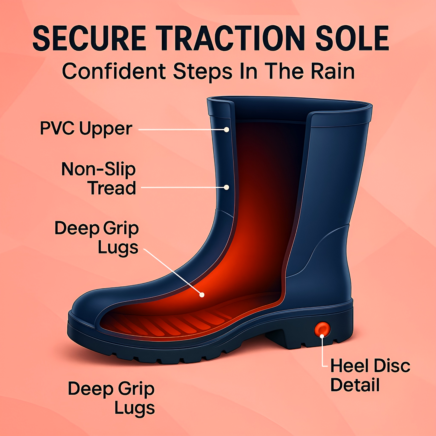 Navy PVC Ladies Wellington Boots - Waterproof Rain Boots for Women - Comfortable Easy-Clean Design & Non-Slip Sole (8 UK / 41 EU)