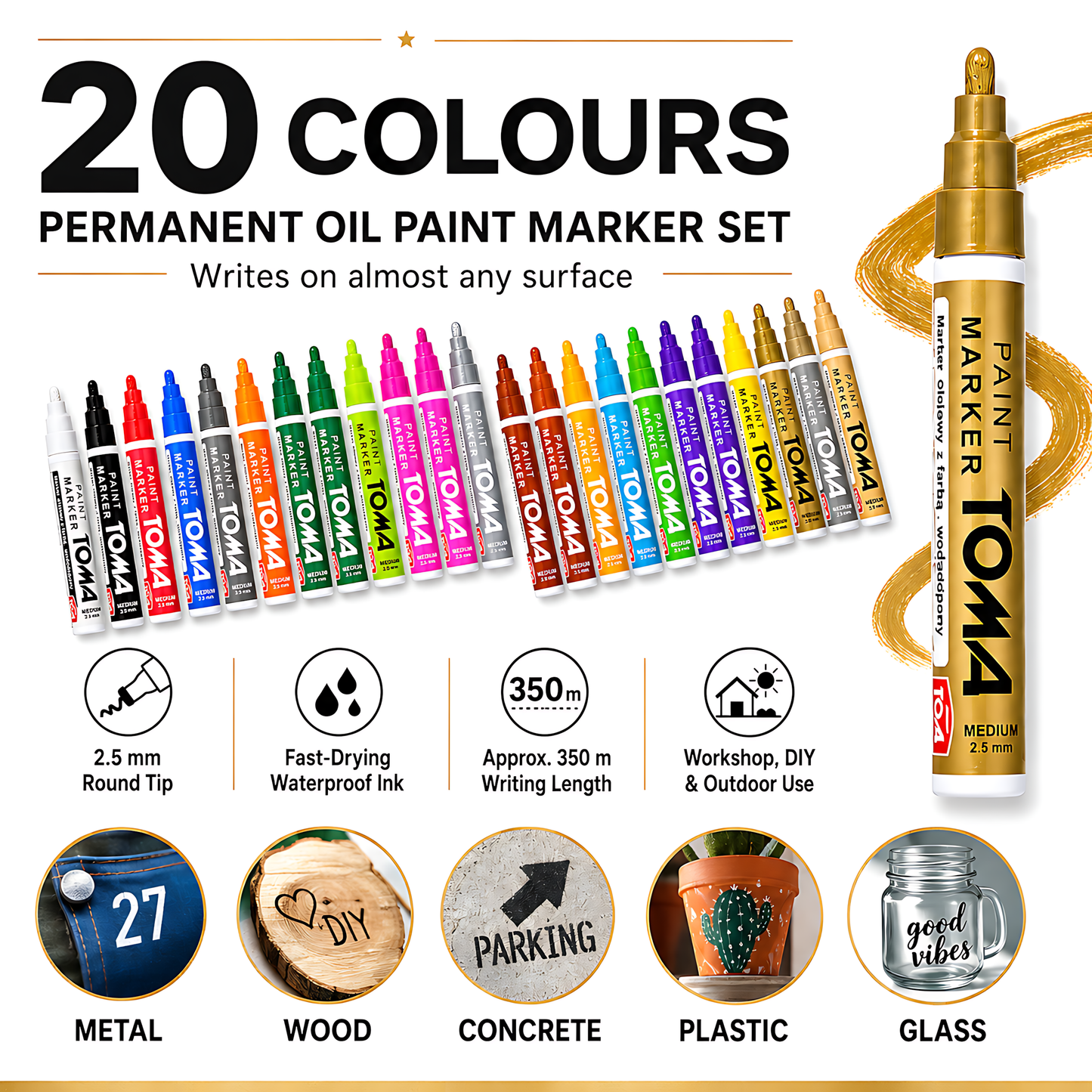 20 Colours Set of Oil-Based Paint Marker Pens Permanent - 2.5mm Round Tip, Fast-Drying Waterproof Ink - Universal for All Surfaces