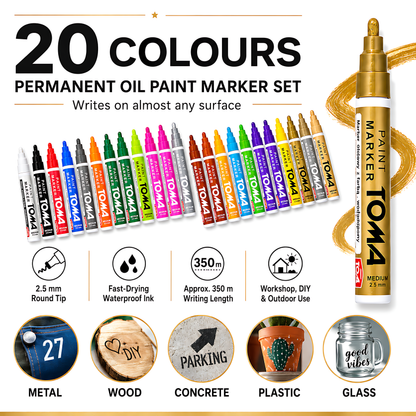 20 Colours Set of Oil-Based Paint Marker Pens Permanent - 2.5mm Round Tip, Fast-Drying Waterproof Ink - Universal for All Surfaces