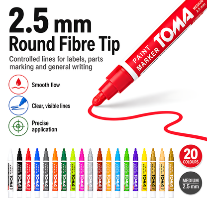 20 Colours Set of Oil-Based Paint Marker Pens Permanent - 2.5mm Round Tip, Fast-Drying Waterproof Ink - Universal for All Surfaces